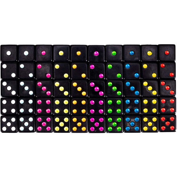 Dice, 50-Pack - 16 mm Bulk Six-Sided Square Piece Set with Colorful Neon Pips